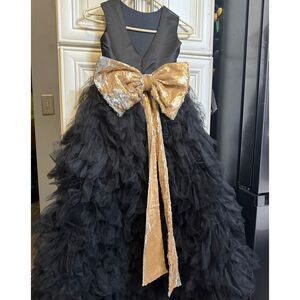 Custom Made Girl's Sequined Waist & Bow Hi-Low Hem Dress Gown Black Gold Small